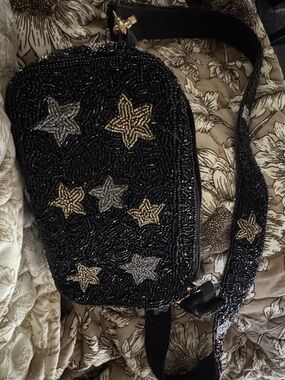 Beaded Star Crossbody Bag - Black with Gold & Silver Stars